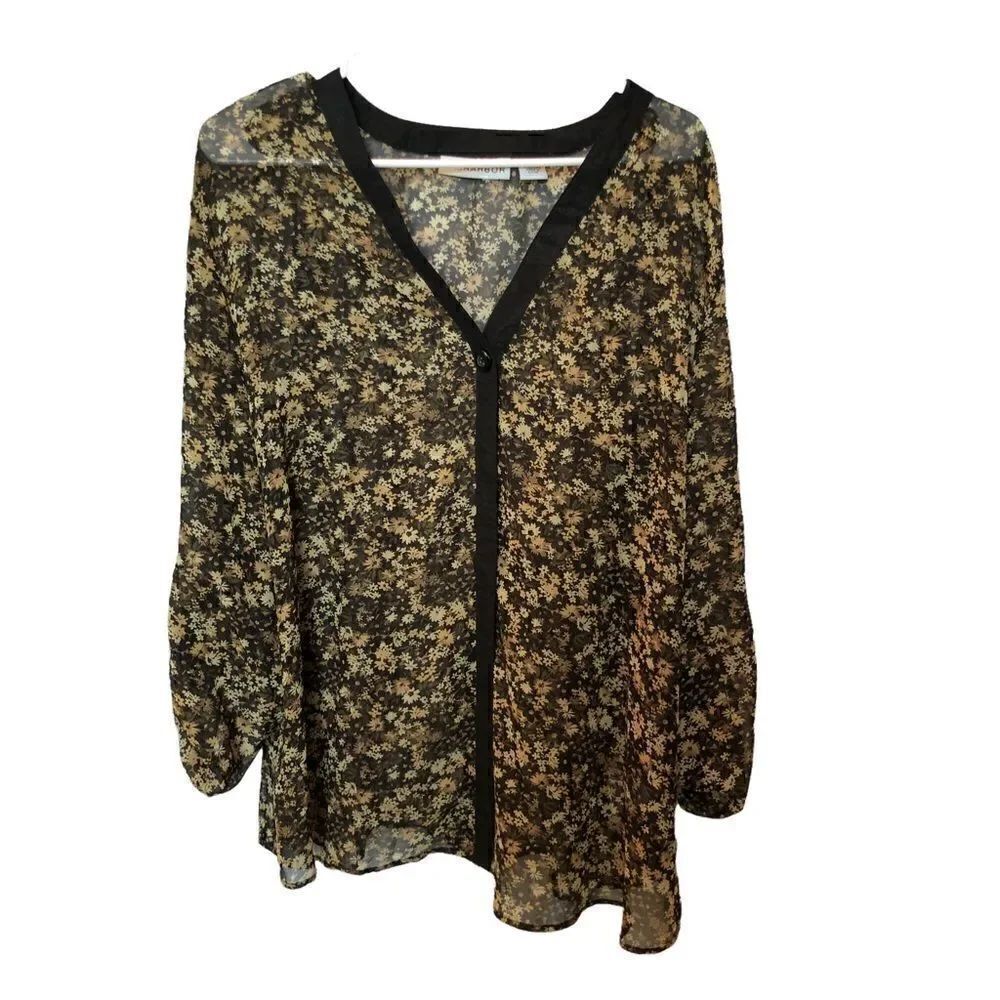 Sag Harbor Sheer V neck blouse/jacket blk/tan floral NWT one button closure